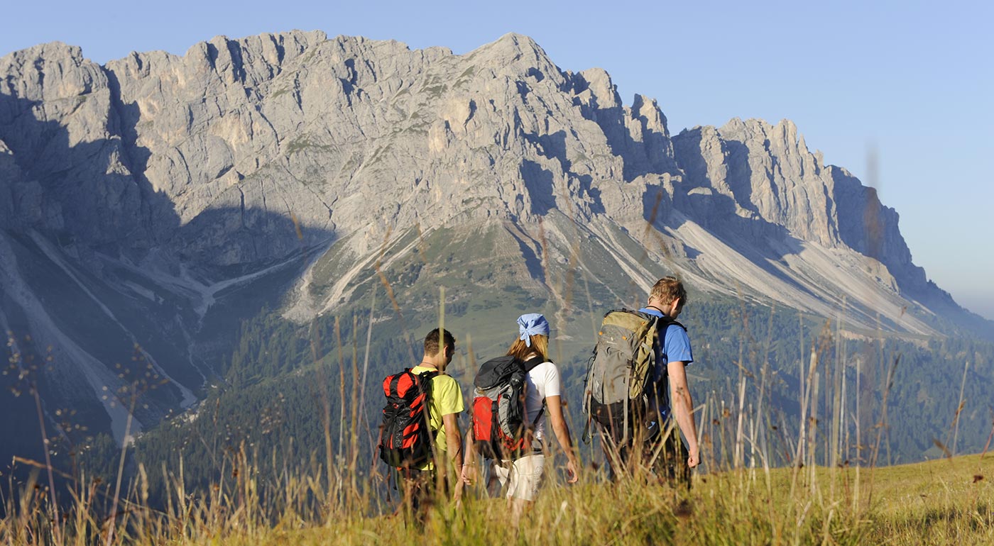 Escursionisti su un prato con montagne sullo sfondo